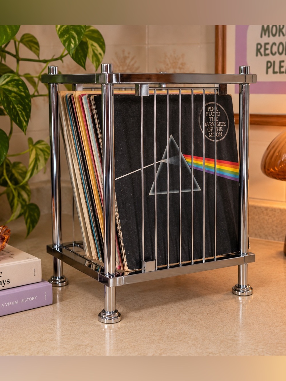 Vintage Chrome Metal Record Holder Rack MCM Vinyl Storage